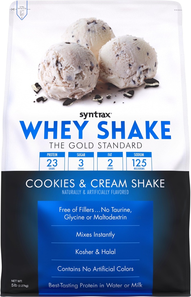 Syntrax Nutrition Whey Shake, Hladno Filtrirana in nedenaturirana mešanica sirotkinih beljakovin v prahu, Piškotki in smetana Shake, 5 lbs, pravi kosi piškotov