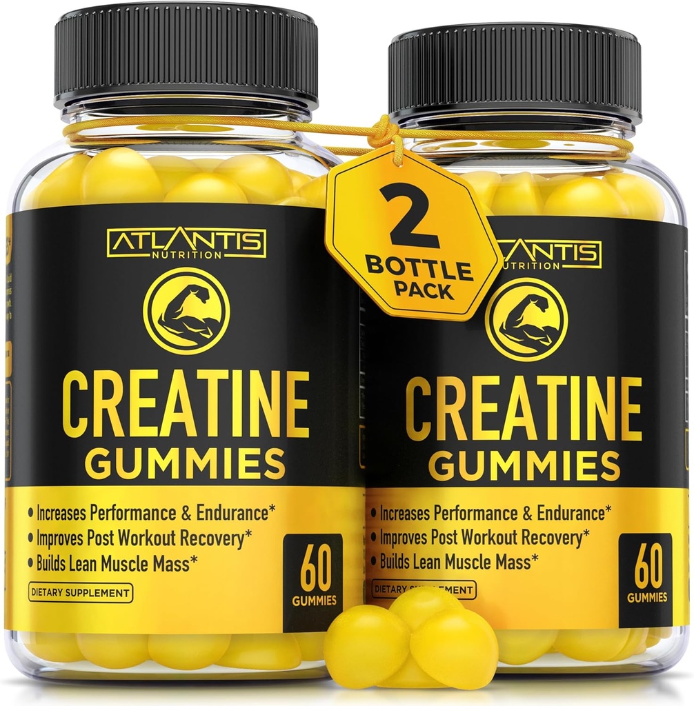 Atlantis Nutrition Kreatin Monohidrat Gumiji za moč in atletsko zmogljivost - 5g Kreatin na postrežbo - Gradite mišice, povečanje zmogljivosti in vzdržljivost in izboljšanje okrevanja po treningu - 120 Count