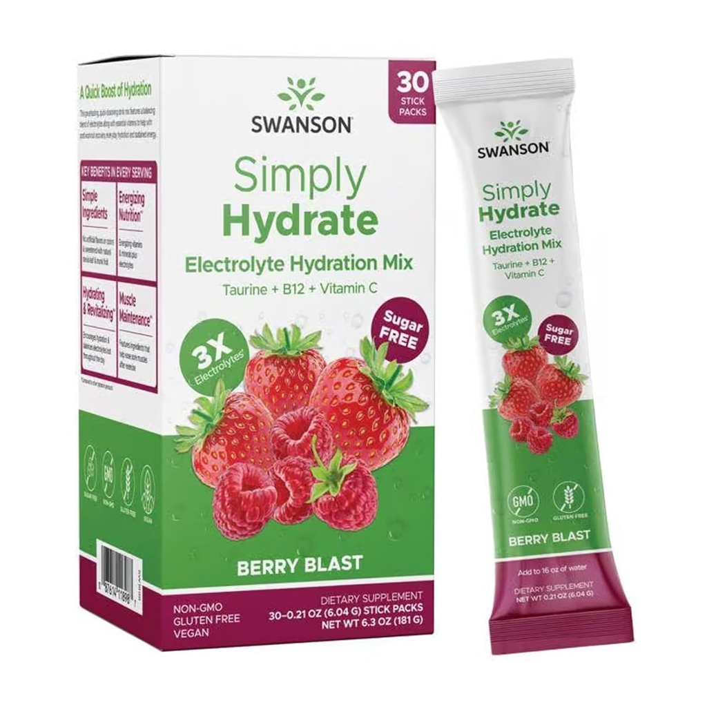 Swanson Preprosto Hydrate Electrolyte Powder Mix - Sugar-free Drink Mix with 0 Calories - Priročno On-The-Go Hidration Powder - Napredna mešanica elektrolitskih pijač - Berry Blast Flavor - 30 Packets