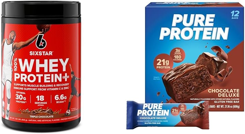 Six Star Elite 100% Whey Protein Plus Trojna čokolada 1,8 kg in Pure Protein Chocolate Deluxe Protein Bars 12 Count Pack