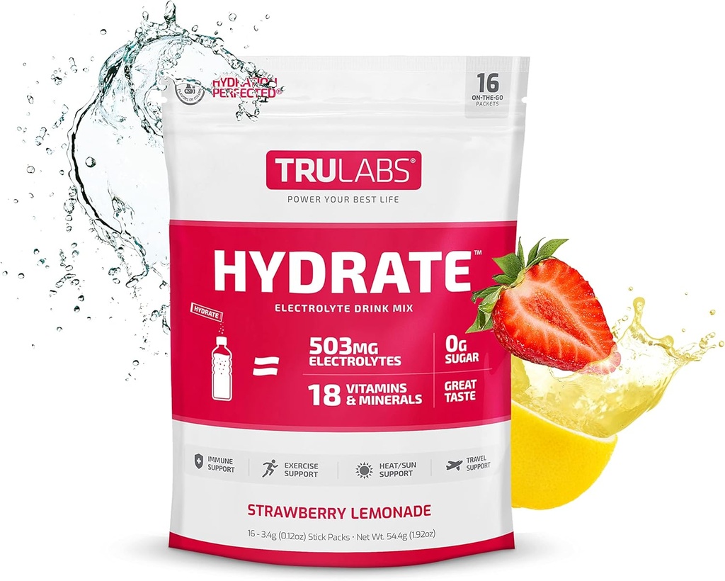 TRULABS Hydrate Jagodna limonada, Hidracija Elektrolit v prahu Mešanica pijač,16 Palice. Nič sladkorja, samo 5 kalorij, 503mg elektrolitov.