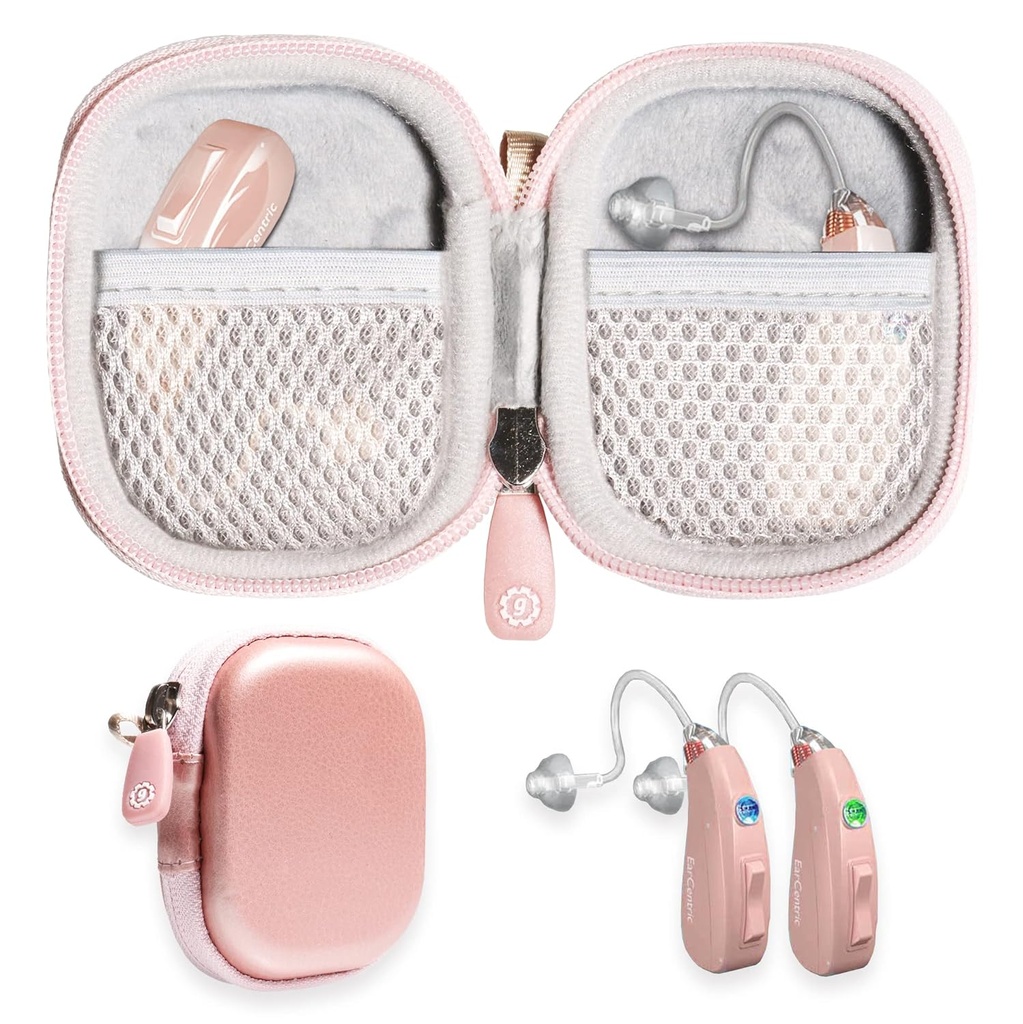 GETGEAR Designed Protective Case for Hearing Aid, Hearing Amplifier, Personal Sound Amplifier, Hearing Device, Listening Device, Strong Mini Case with Mesh pocket（Rose Gold