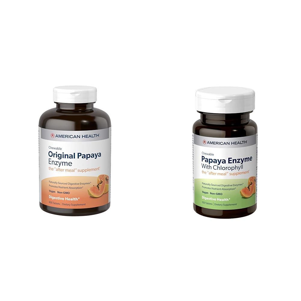 American Health Papaya Prebavne Enzyme Žvečljive tablete Bundle - Original 600 Count in s Klorofil 100 Count