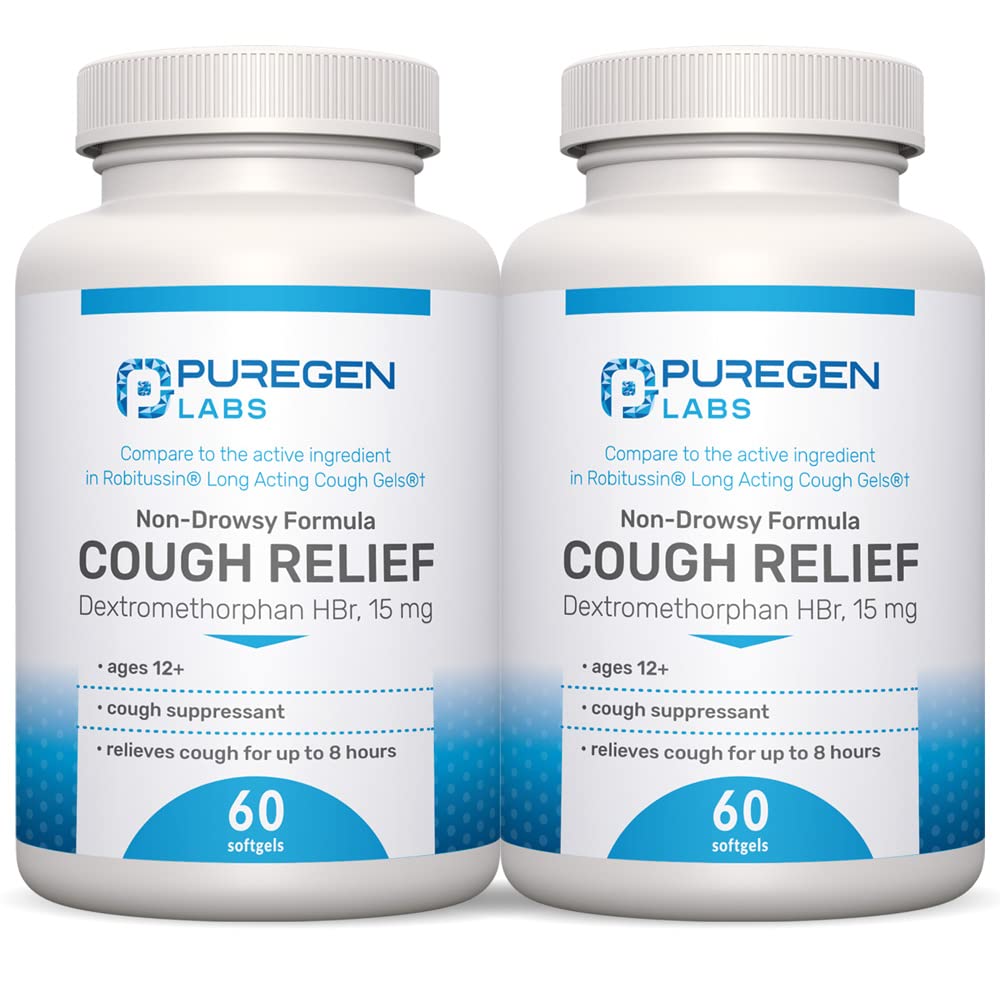 P Puregen Labs Kašelj Relief za odrasle Dekstrometorfan HBr 15mg (120 softgels) 8-urni, ne-zadnji bronhialni supresant 
