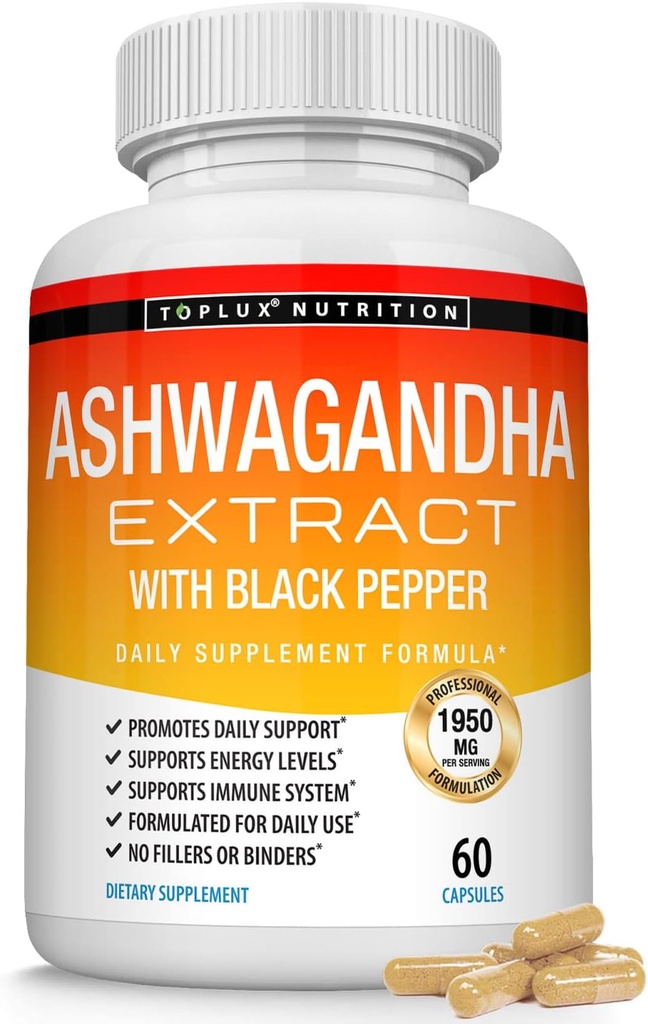 Organic Ashwagandha Root Powder tablete 1950 Mg s črno papriko ekstrakt - Pure Natural Ashwagandha dodatek, Podpora energije, za moške ženske, 60 kapsule