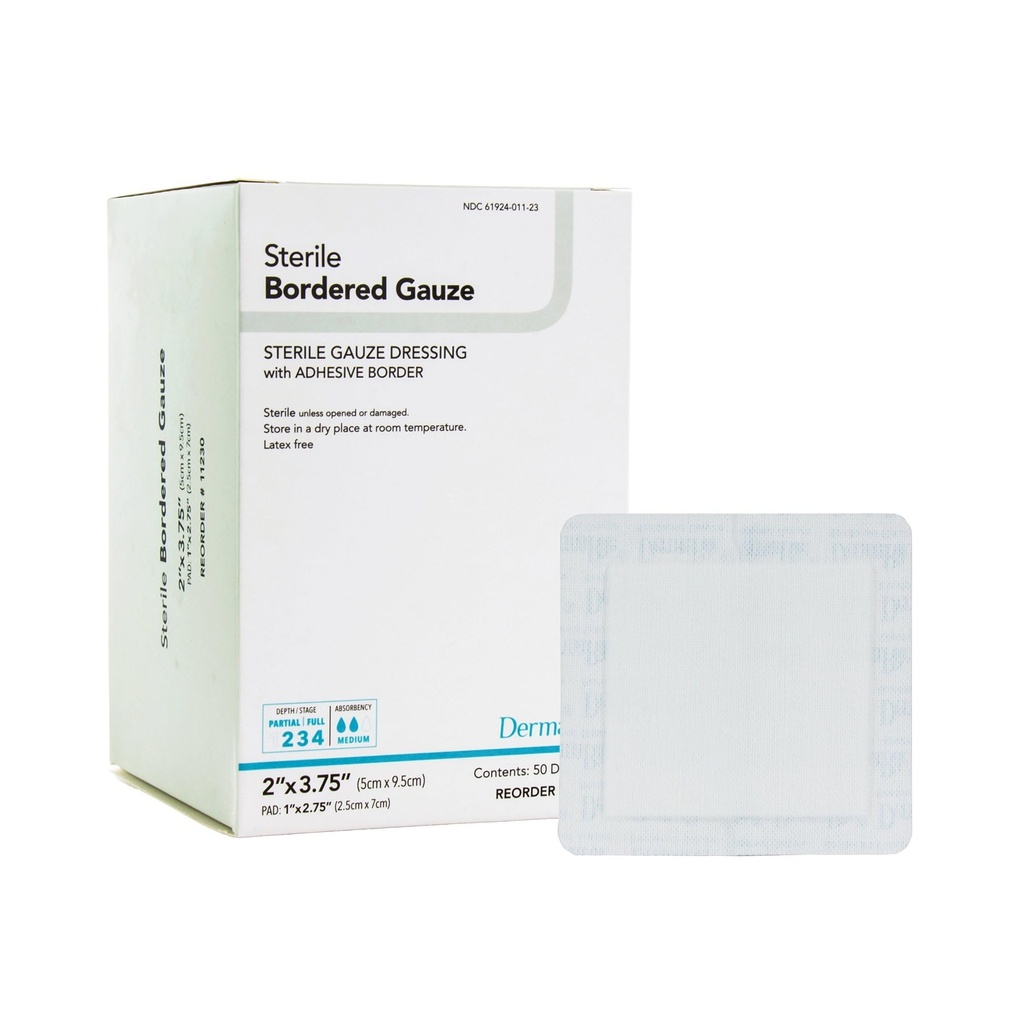 DermaRite's Sterile Bordered Gaze Oblačenje z adhezivnim robom - Fleksibilno nevezni material, Prva pomoč, individualno pakiran - 2 v. x 3-3/4 in., 1 Število, 50 Packs, 50 Skupaj