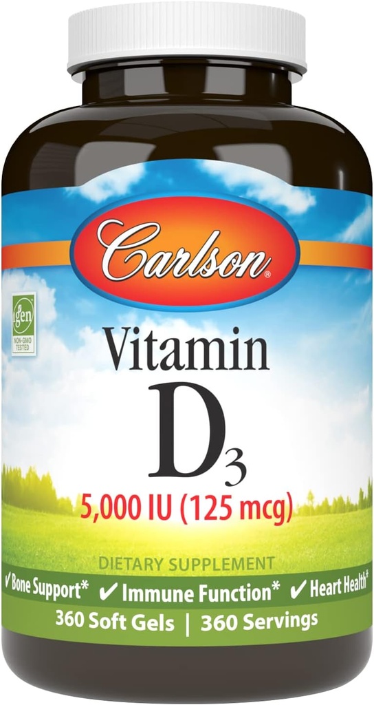 Carlson Vitamin D3 5000 i.e., zdravje kosti, 360 mehki geli
