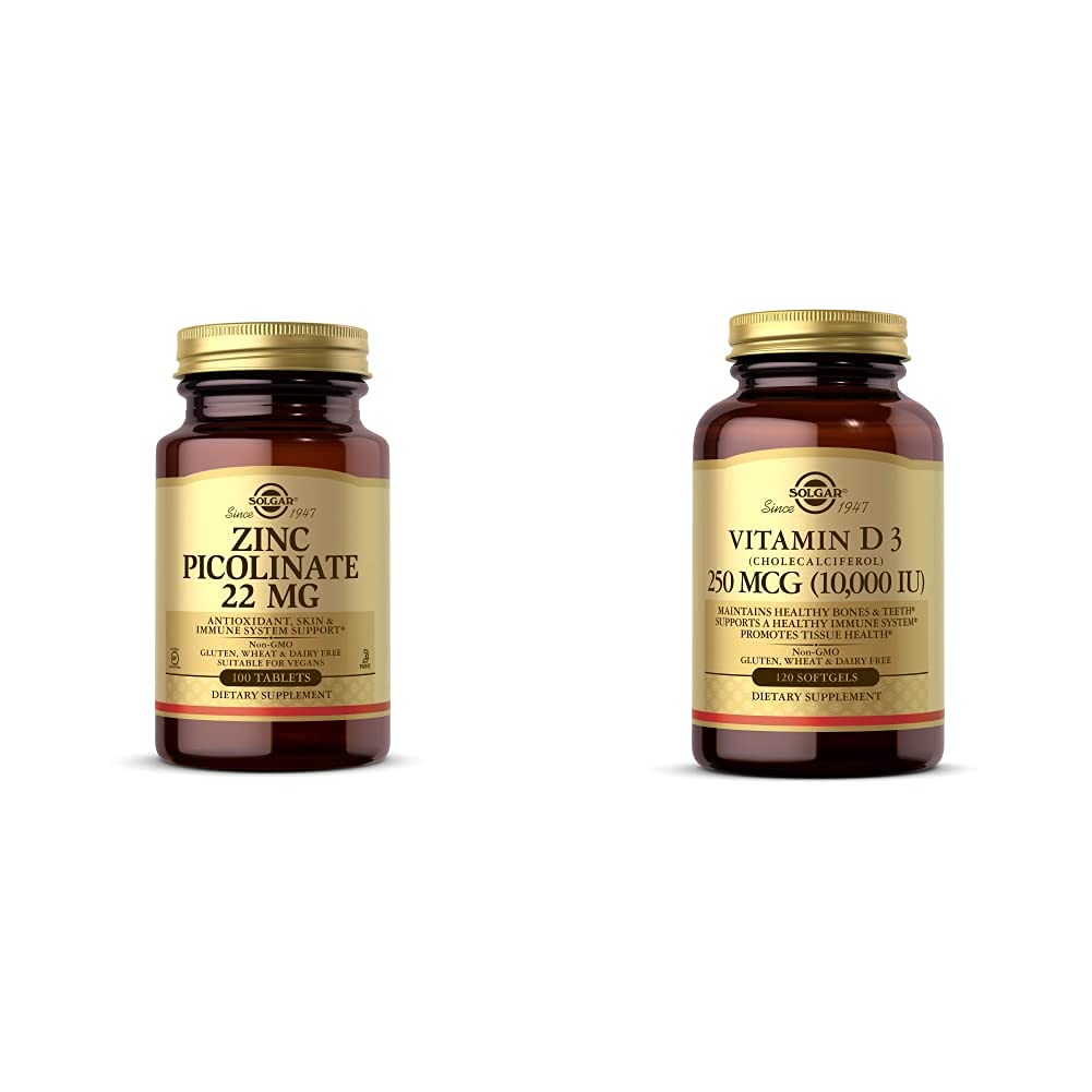 Solgarjev cinkov pikolinat 22 mg, 100 tablet – spodbuja zdravo kožo – podpira imunski sistem, običajni T z vitaminom D3 (Cholekalciferol) 250 MCG (10. 000 i. e.), 120 Softgels - pomaga ohranjati zdrave kosti