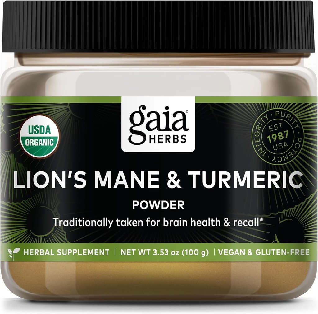 Gaia Herbs Lion's Mane & Kurkuma Powder - Zeliščne gobe Dopolnilo prahu za pomoč ohraniti zdravje možganov in odpoklic - USDA Certified Organic-3.53 Oz (Do 45-dnevno oskrbo)