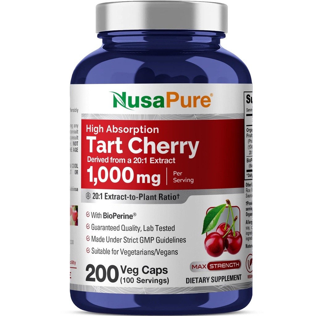 NusaPure Organic Tart Cherry 20:1 Extract, 1000 mg ekvivalentno 20.000 mg 200 Veggie Caps (Vegan, Non-GMO) Bioperine
