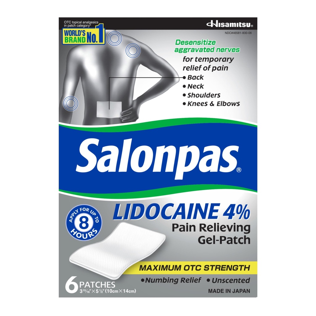Salonpas Lidokain 4% bolečina lajšanje Gel-Patch, 6 Štetje, za hrbet, vratu, ramena, koleno in komolec bolečine