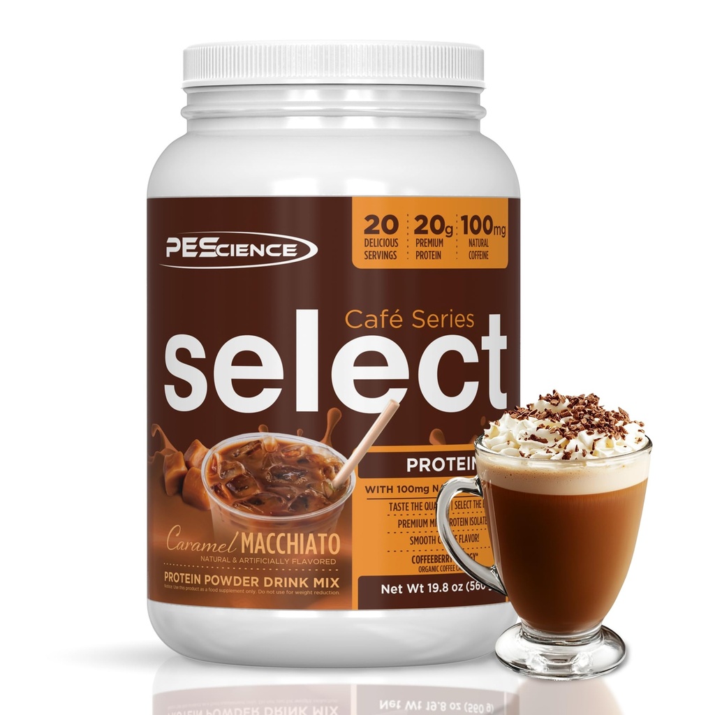 PEScience Select Cafe Protein Coffee Aroured Powder, Karamel Macchiato, 100mg kofein, 20g Iced Protein Coffee Powder ali Creamer, 20 Serving