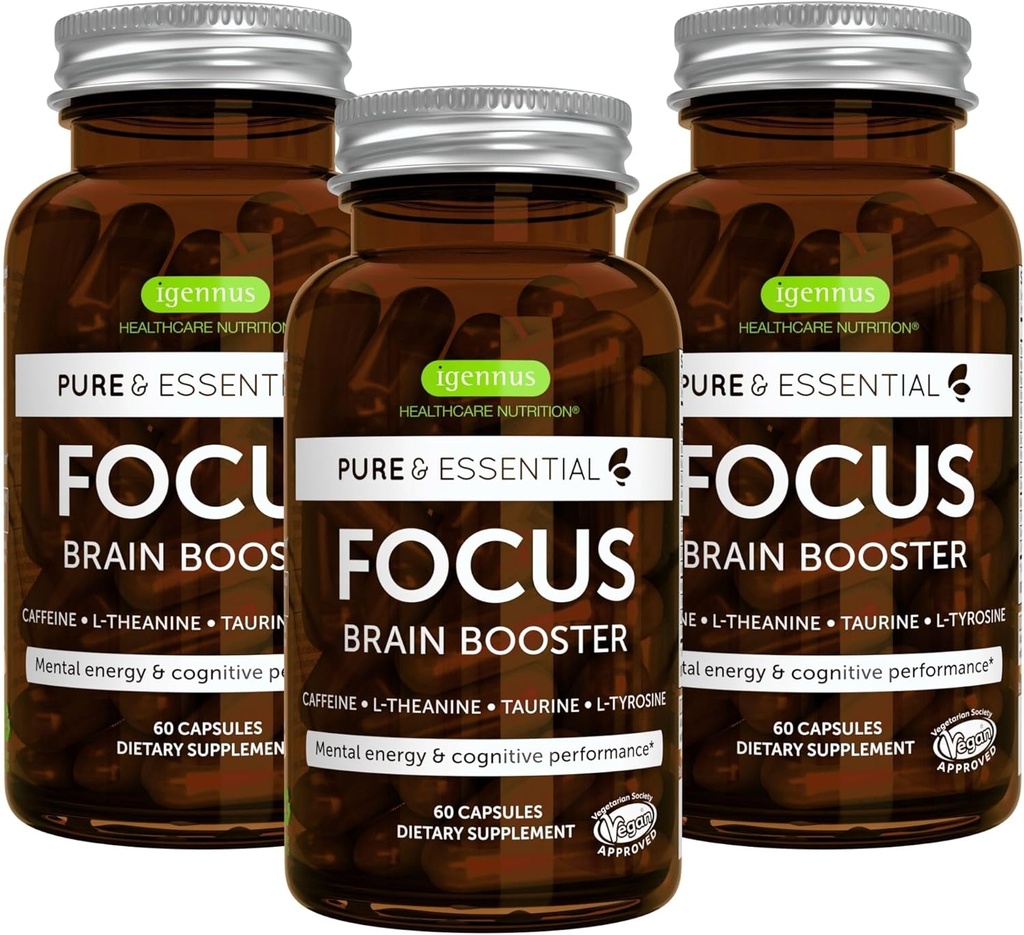 Igennus Focus - Nootropic z 200 mg naravnega kofeina, metilirani vitamini B, L-teanin, tavrin, L-tirozin, čista energija, pospeševalec možganov in kognitivna zmogljivost, nejedkost 180 kapsul