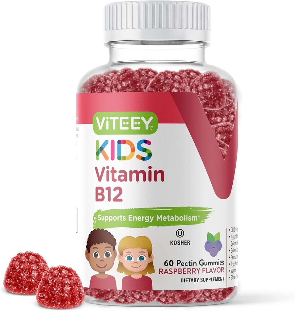 Viteey Vitamin B12 za otroke Gummies, 1000mcg - Presnova, Natural Energy Support - Vegan, Želatina brezplačno, Gluten brezplačno, GSO brezplačno - Okusno Žvečljiva B12 Malina Okusno Gummy