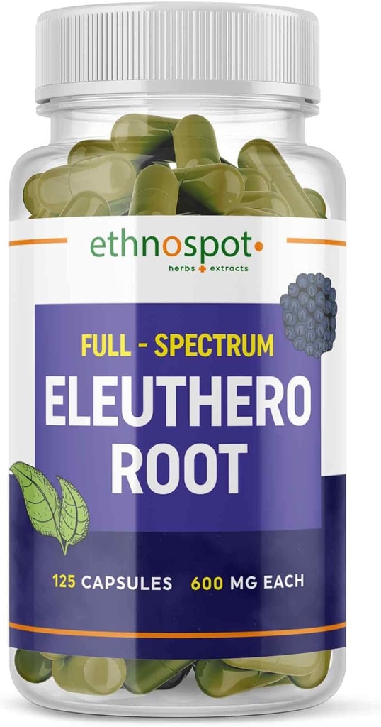 Popoln spekter Eleuthero Root Kapsules - Sibirski ginseng - krepi telesno stanje in duševno budnost - podpira imunski sistem - Izboljšan profil Eleutheroside - Vse naravne - 125 Veganske kapsule