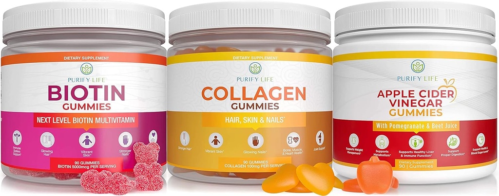 Prečistite življenje Apple Cider Vinegar, Collagen & Biotin Bundle, Gut zdravje & Prebava, Gumies za rast las, bolj zdravo kožo in nohte, Vegan, Gluten brezplačno, Non-GMO vse naravne dodatke