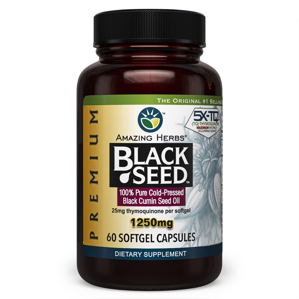 Neverjetni zelišča Premium črno seme Oil kapsule - visoka moč, hladno stisnjena Nigella Sativa Aids v prebavnega zdravja, Imunska podpora & Možganske funkcije - 60 Count, 1250mg