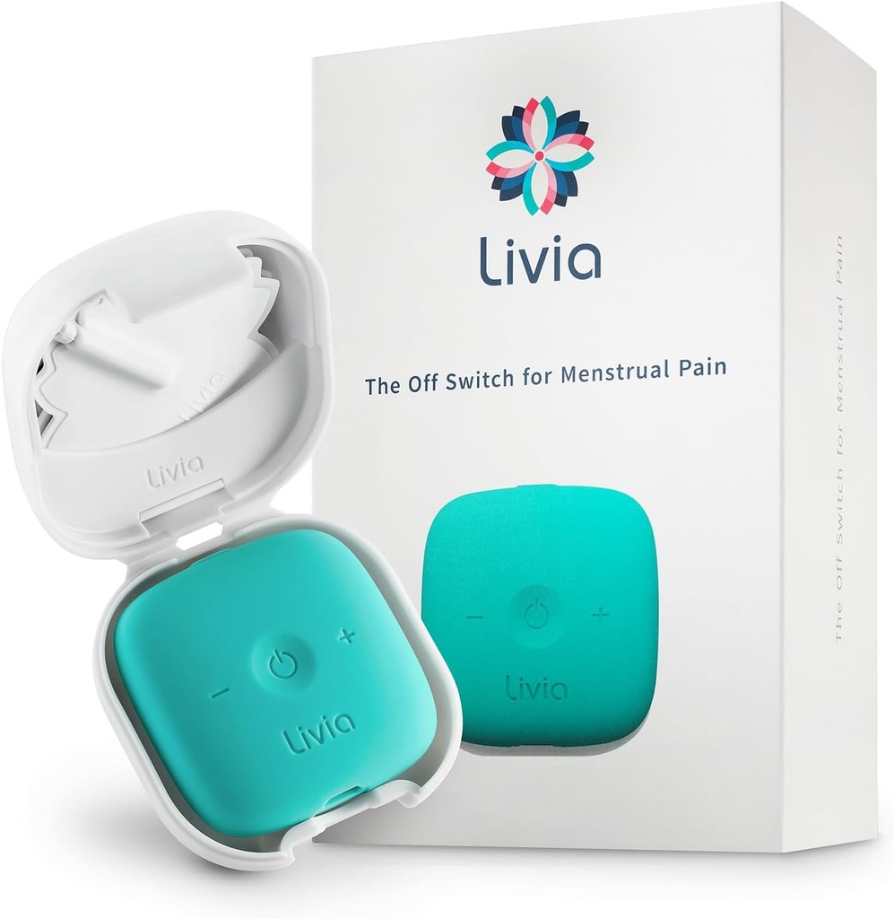 Livia Menstrual Pain Relief Device, Blue-Green – Off-Switch for Period Pain – Prenosljiva & diskrete – Napolniti, Do 12 ur baterije – komplet komplet s palico na pads – Go-to Travel Partner