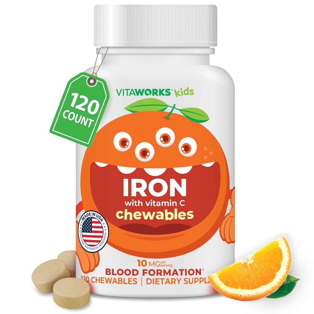 Otroci železo 10mg z vitaminom C 50mg žvečljive tablete - okusne naravne arome - Vegan, vegetarijanec, GSO-free, Nut Free - dietna železa dodatek - Krvna tvorba za otroke - 120 Žvečilni izdelki