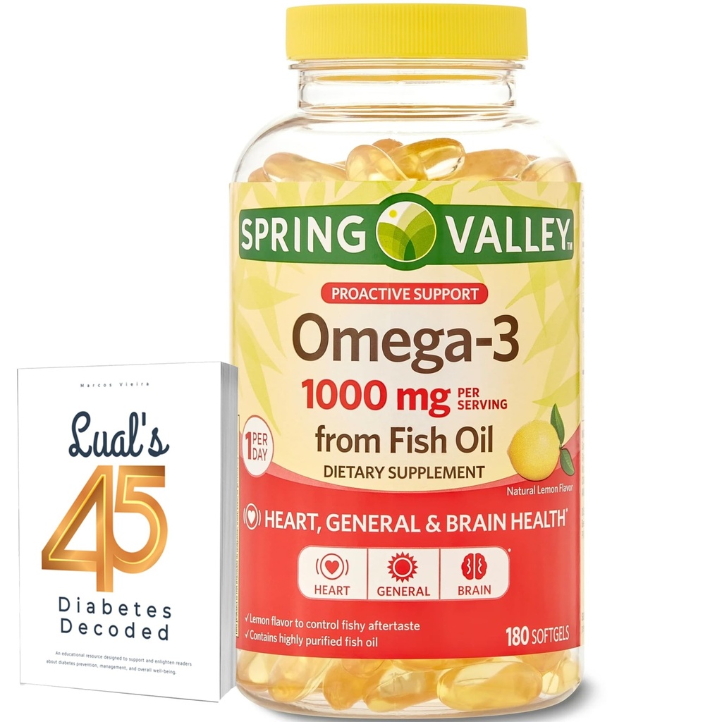 Spring Valley Omega-3 Fish Oil Soft Gels, 1000 mg, 180 Count, Prehranska dopolnila, Omega-3 Maščobne kisline paket z Lual je 45 Sladkorna dekodirana