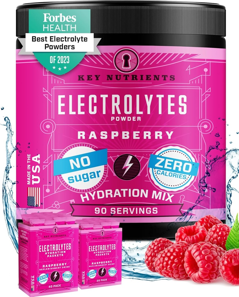 KLJUČNI HRANILCI Multivitaminski elektroliti v prahu št Sladkor - Juicy Malina Elektrolitni prašek - Hidracija v prahu - Brez kalorij, Gluten Free Keto elektroliti v prahu - 90 Strežnice - Made in USA