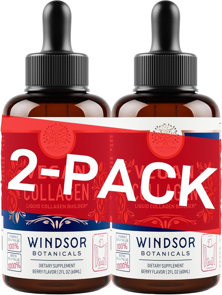 WINDSOR BOTANICS Vegan Collagen Graditelj Tekoči dodatek - Kolagen Booster z vitaminom C, Biotin, hialuronska kislina in aminokisline - Organska sadna in zelenjavna mešanica - 120ml, 60 dan