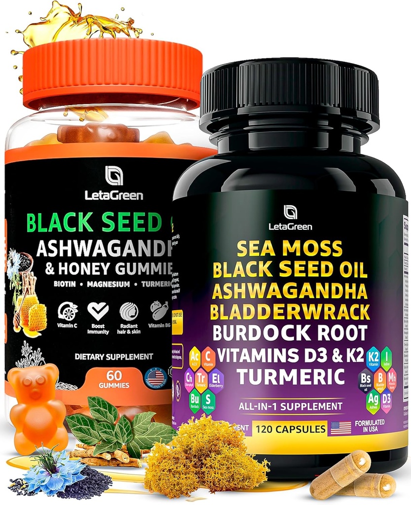 Kapsule Sea Moss + Črno seme Oil Gummies Bundle, 60 Črno seme Gummies + 120 Morje Moss tablete, Naravne obrambe Podpora z vitamini in multi minerali dodatek paket
