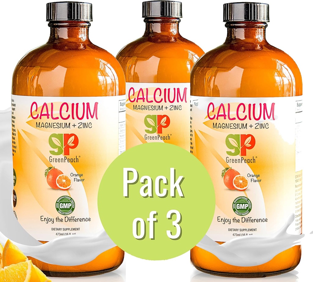 GreenPeach Tekoči kalcij za otroke - Magnezij, D3 & Cinkov dodatek - Kalcijev citrat in vitamin D3 Otroci Umirjanje Sirup - Brez sladkorja Brez umetnih arom - Vegetarian Kosher (3-Pack)
