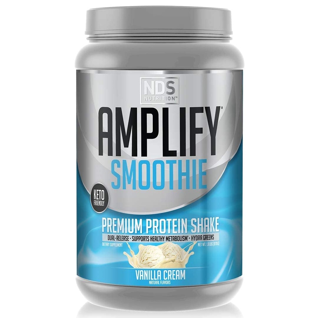 AMPLIFY NDS Nutrition Smoothie Premium Whey Protein Powder Shake with Added Greens and Amino Acids - Build Lean Muscle, Gain Strength, Lasting Energy, and Lose Fat - Vanilla (30 Servings)