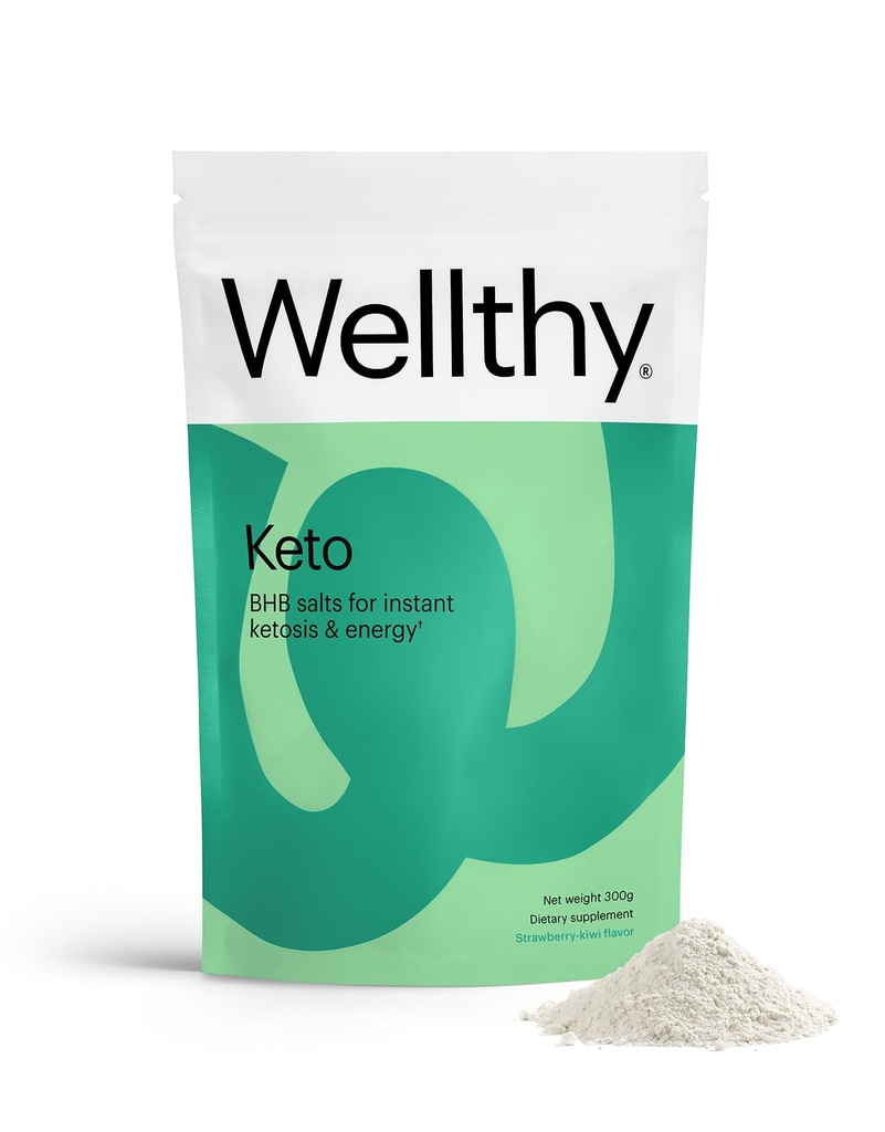 Wellthy Keto Power z BHB soli za takojšnjo ketozo in energijo, naravna jagoda Kiwi Flavor, 10.58 oz