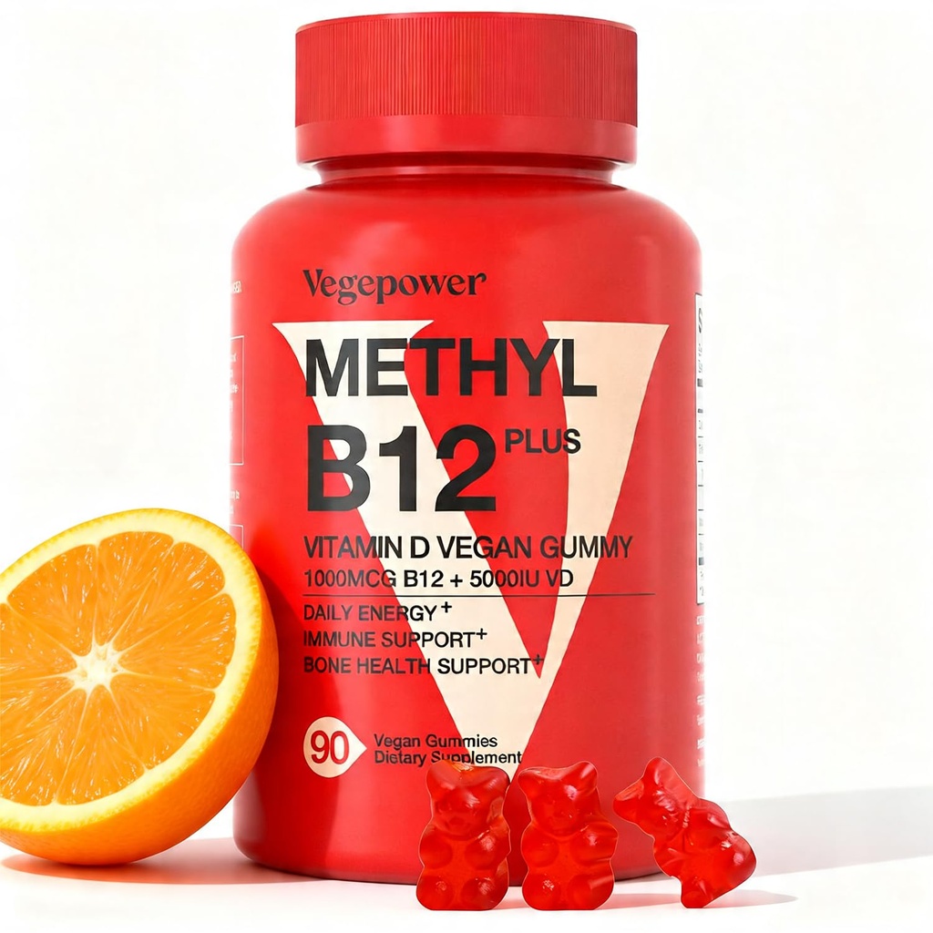 Vegan vitamin D3 & B12 Gummies, metil B12 dodatek za odrasle in otroke, okrepljen z vitaminom D 3 za naravno energijo, imuno, metabolizem in fokus, oranžna, 90 Gummies