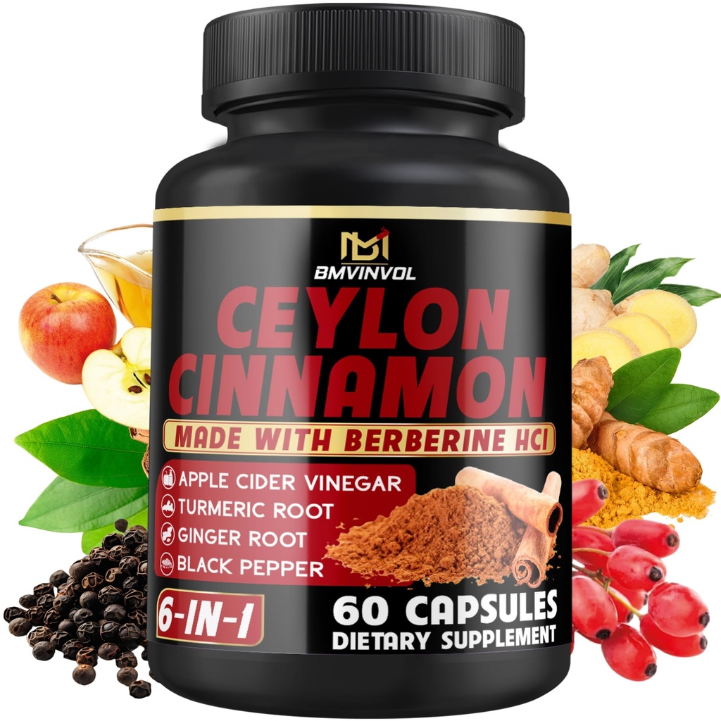 Ceylon Cinamon Kapsule z Berberine HCl, Apple Cider Vinegar, Kurkuma, ginsenga, črni poper - 6 v 1 za podporo imunske funkcije - 60 Število