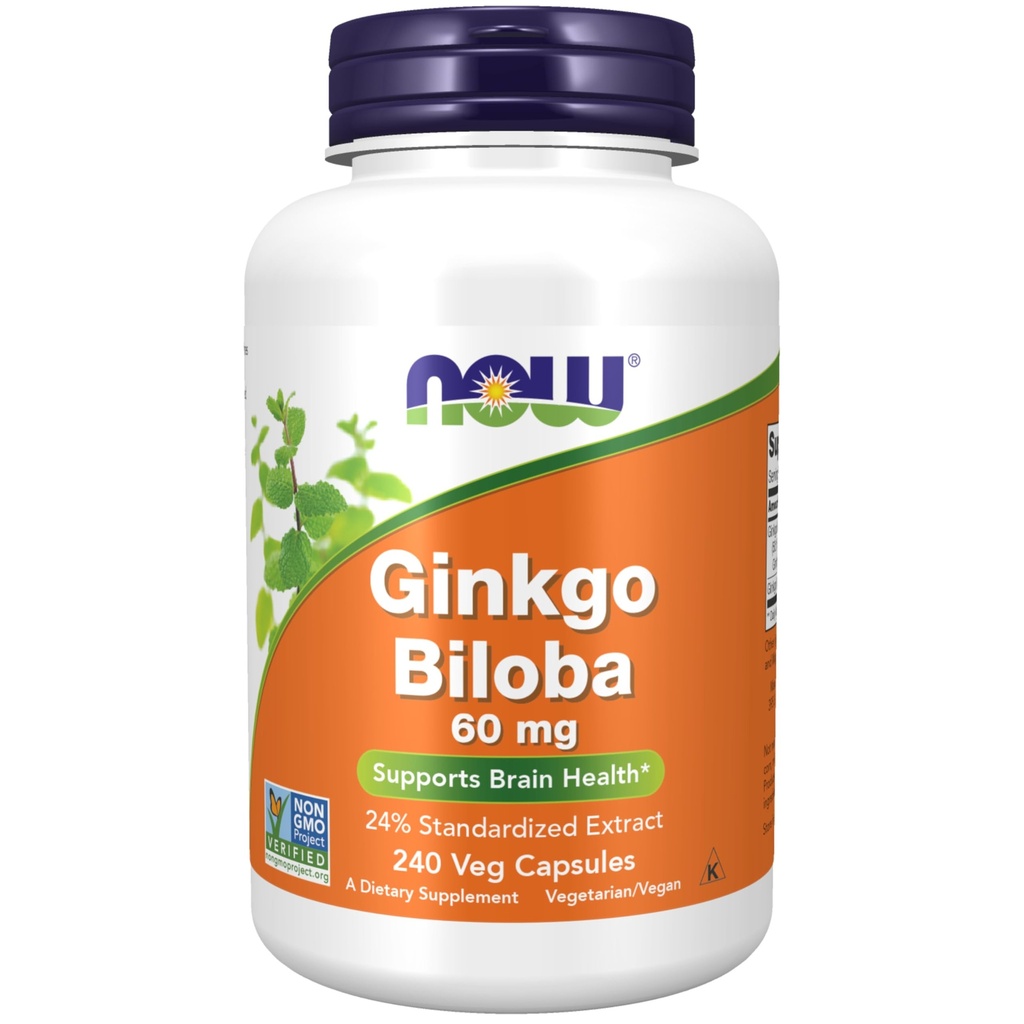 NOW Foods Supplements, Ginkgo Biloba 60 mg, 24% standardizirani ekstrakt, ne-GMO projekt preverjen, 240 Veg kapsule