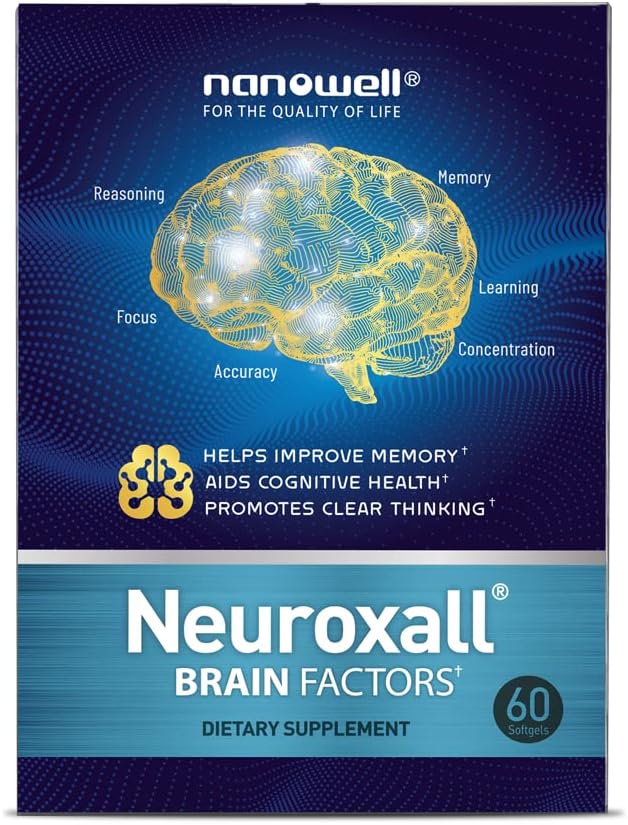 NANOWELL Neuroxall Brain Factors - Kognitivna podpora z vitaminom B6, Astaksantin, Ginkgo Biloba Extract & Fosfatidilserin - Povečuje zdravje možganov, spomin in fokus - 60 Softgels