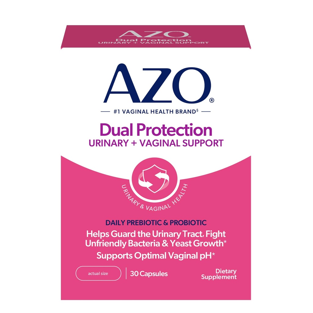 AZO dvojna zaščita, urinska + vaginalna podpora, prebiotiki in probiotiki za ženske*, Začne delovati v 24 urah, Non-GMO, 30 Count