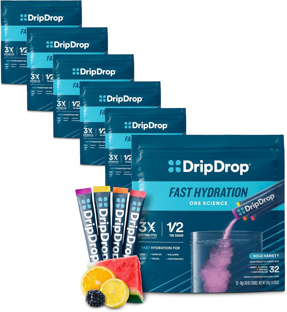 DripDrop Hydration Packets - Bold Variety Pack - eno serviranje Elektroliti v prahu pijača Mix - Watermelon, Berry, Lemon, Orange - Non-GMO, Gluten Free, Vegan - 192 palice