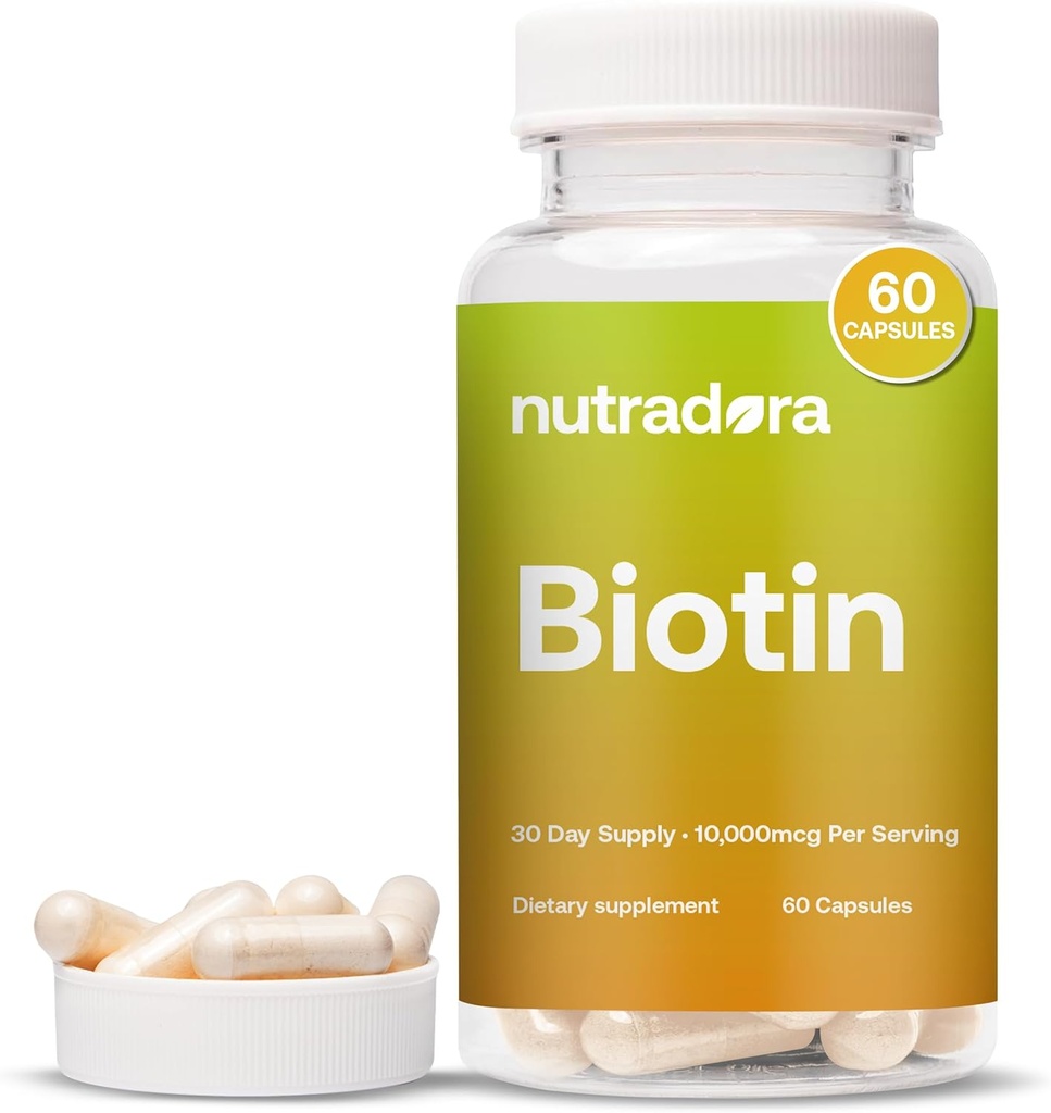 Biotin 10000mcg Kapsule s kalcij za lase kože in nohtov - Seveda Proizveden Biotin dodatek za rast in debelino las 10.000mcg Veganske kapsule – oblikovan v ZDA 60 Število
