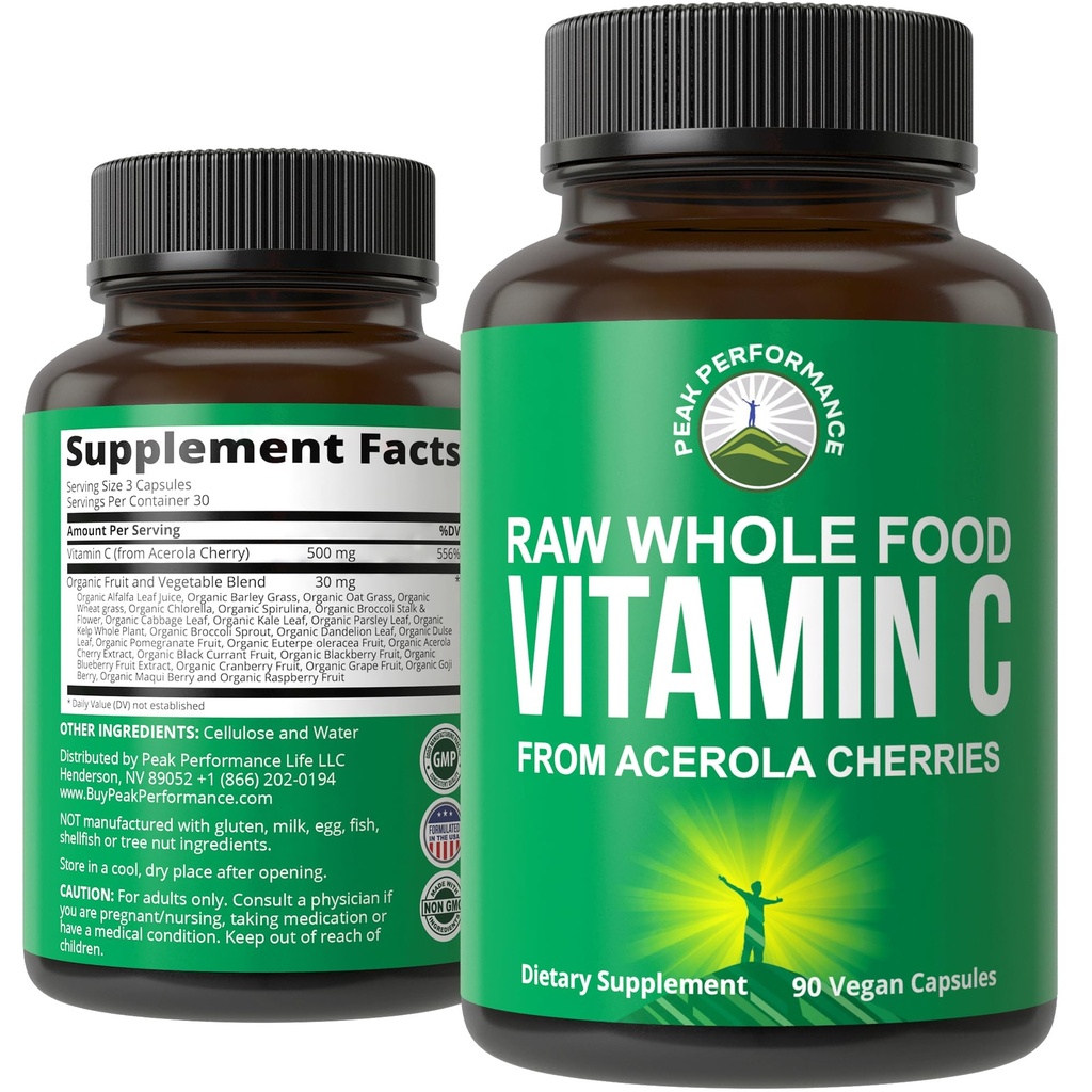 Vrhunska zmogljivost Surova cela hrana Naravni vitamin C Kapsule iz Acerola Cherry za Max Absorpcija. Vegan ZDA Vir vitamin C dodatek 90 tablete. 500 mg Serving ali 2 Servings 1000mg