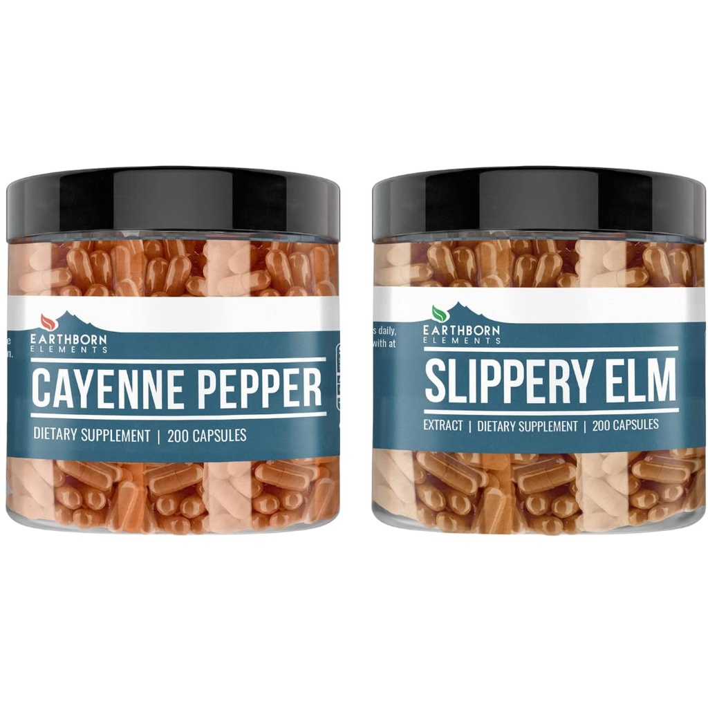 Elementi iz rodu Earthborn Cayenne Pepper & Slippery Elm Bundele (200 kapsul vsak) Čisti in nerazredčeni, brez dodatkov
