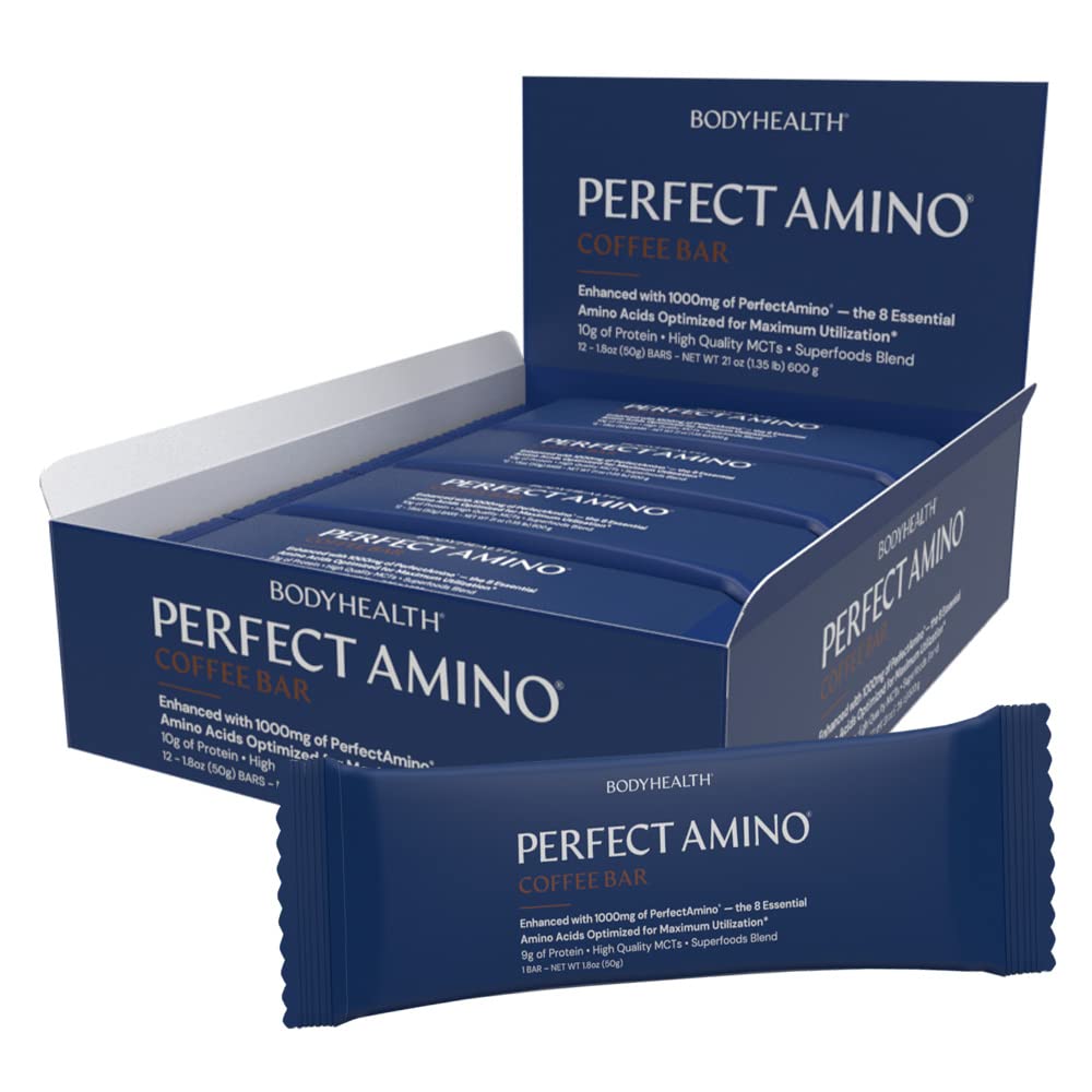 BodyHealth PerfectAmino Bar Energy Prigrizek z 10 g beljakovin, MCT na osnovi rastlin, Super živilska mešanica, Kosher, (Coffee, 12 Pack)