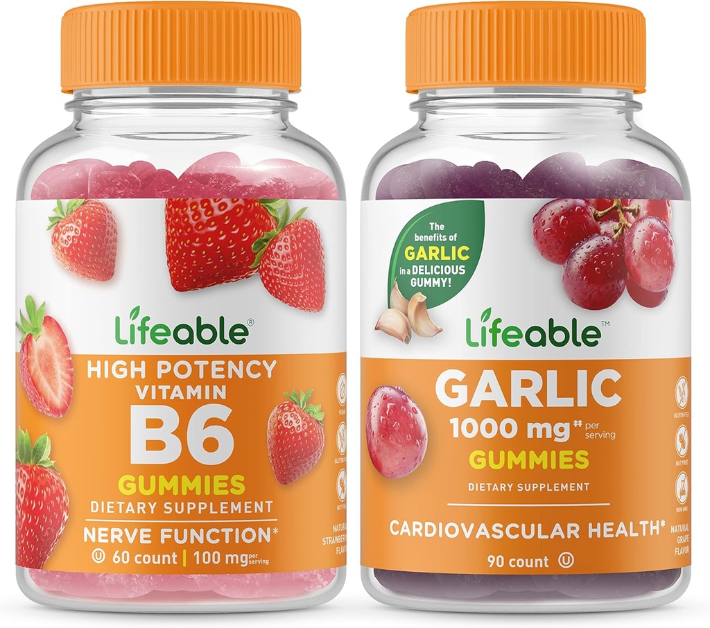 Življenjski vitamin B6 + Česen 1000mg, Gummies Bundle - odličen okus, Vitamin dopolnilo, Gluten brezplačno, GSO brezplačno, Žvečljiv