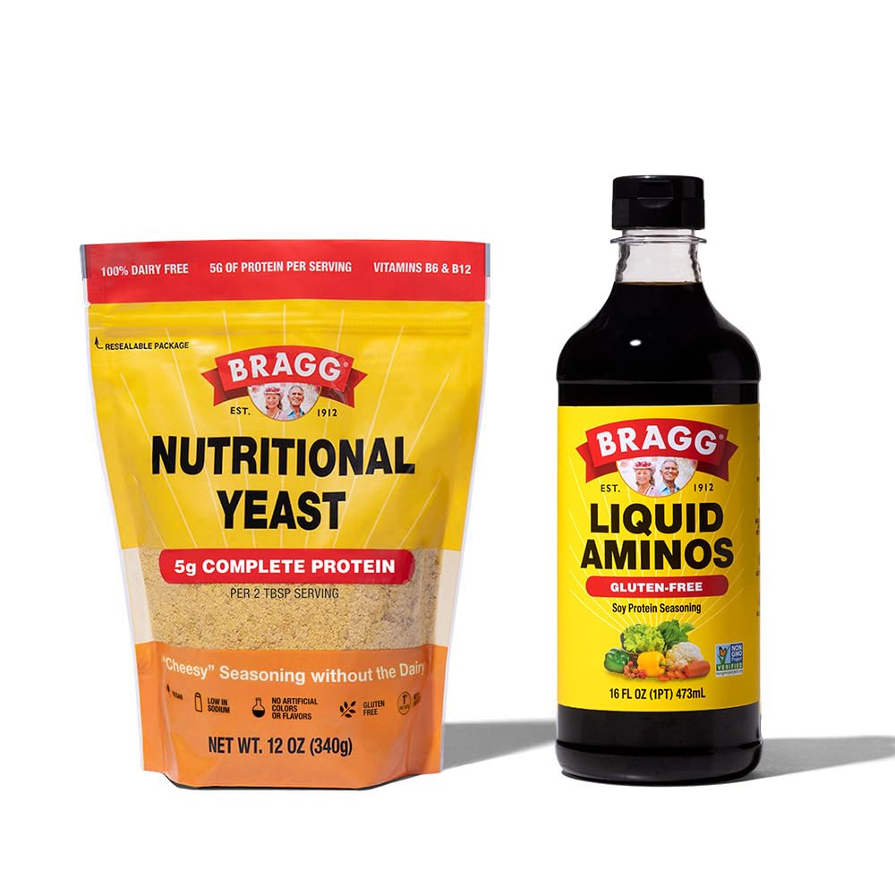 Bragg Premium 12 Ounce Nutritional Yeast Seasoning Pouch - Vegan, Gluten brez sira kosmiči in tekoči Amino All Seaning Seasing – Soy Sauce Alternative 16 unča
