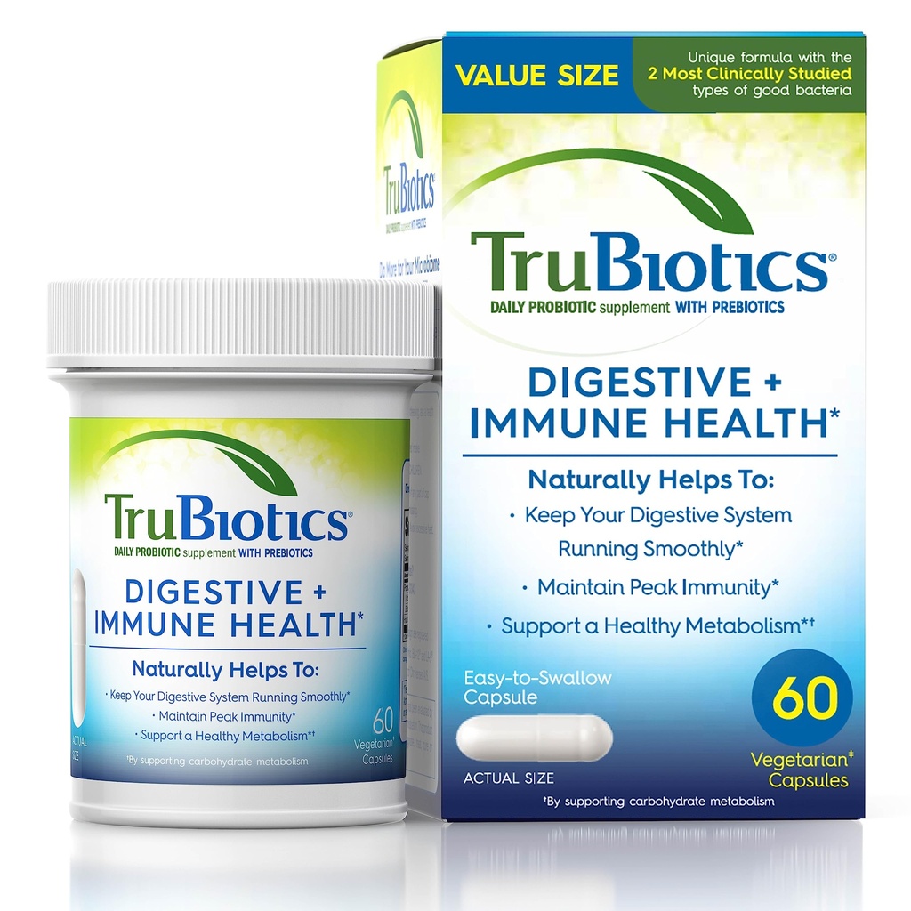 TruBiotics Probiotiki za prebavno in imuno zdravje, podpira regularnost in pomaga omiliti nelagodje v trebuhu, plin in napihnjenost, 2 klinično raziskane probiotične seve, Plus prebiotiki, 60 kapsul