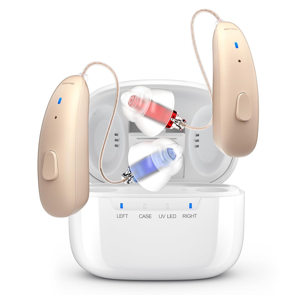 Rechargeable Hearing Aids for Seniors - Behind-The-Ear BTE Hearing Aid with Noise Cancelling for Severe Hearing Loss, Invisible OTC Hearing Amplifier with Charging Case for Adults