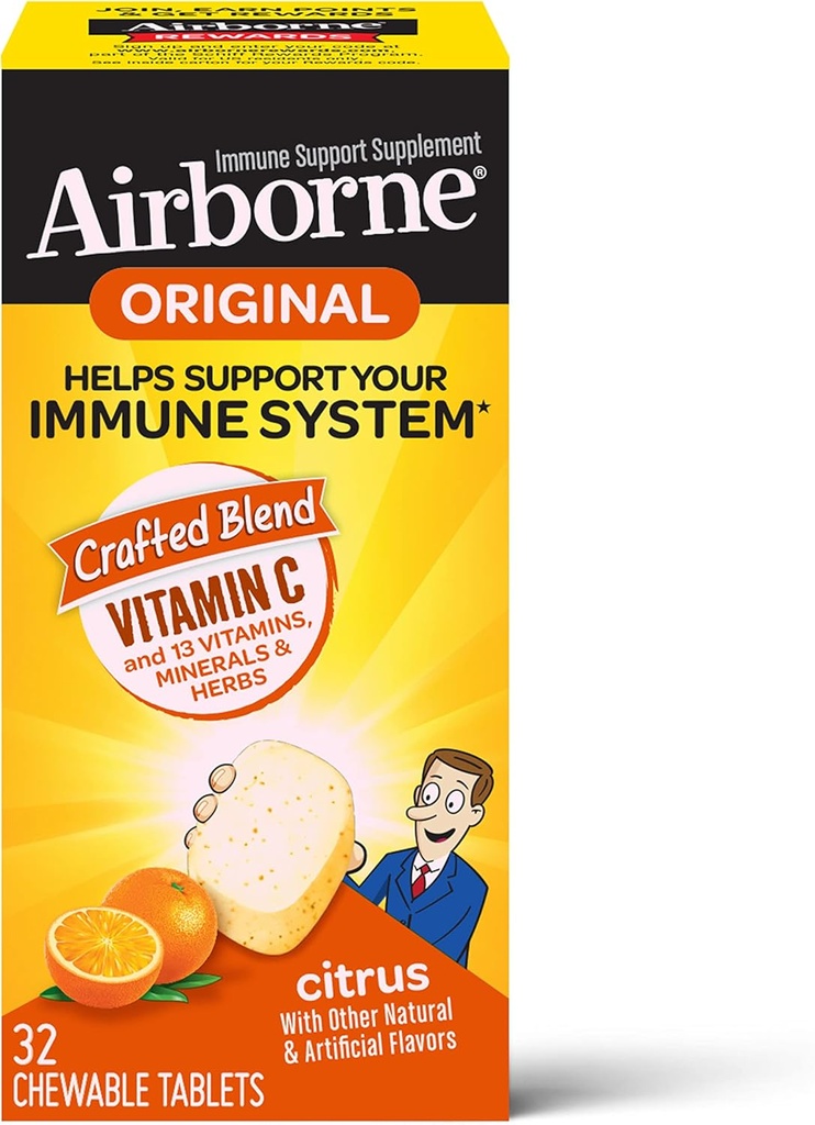 Zračni vitamin C 1000mg (per Serving) Citrus žvečljive tablete (32 v škatli), Gluten-free Imune Support, z vitamini A C E, ZINC, Selen, Echinacea & Ginger, antioksidanti