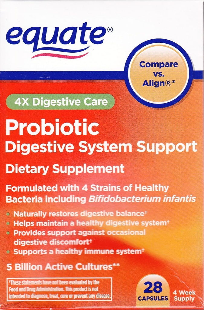 Equate - Probiotik, Digestive System Support, 4X Prebavna nega, 28 kapsul (Primerjaj vs. poravnaj)