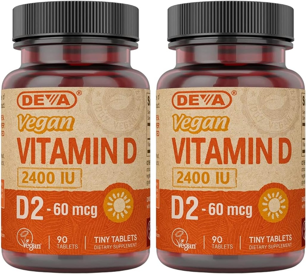 DEVA Vegan Vitamin D2 60 μg 2400 i.e., dodatek ergokalciferola brez živalskih sestavin, 90 tablet (paket po 2)