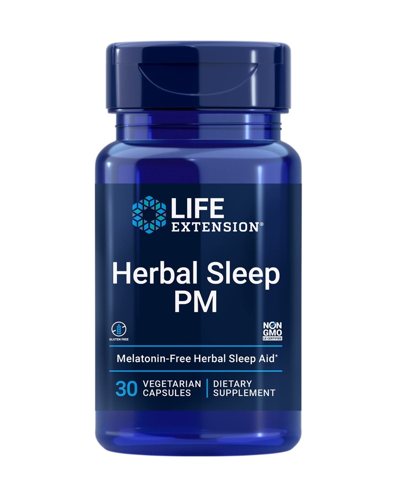 Life Extension Herbal Sleep PM, Lemon Balm, honokiol (Magnolia lubje), Kamilica, Spodbuja zdravo spanje, Hormone-free, melatonin-free, Gluten Free, Ne-GMO, Vegetarian, 30 kapsul
