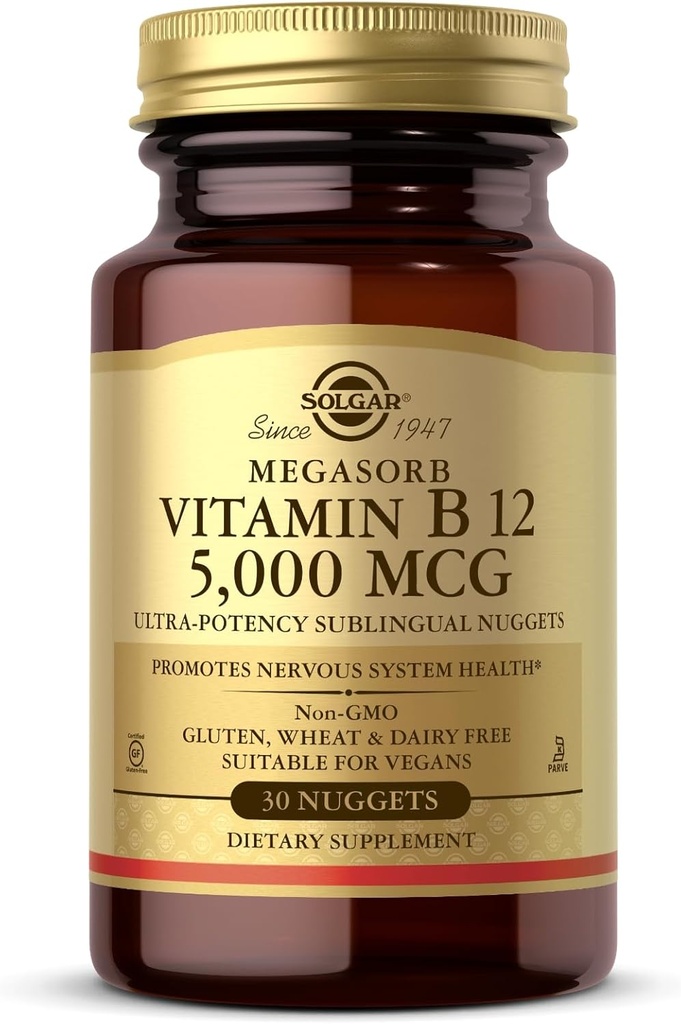 Solgar Vitamin B12 5000 μg - 30 Nuggets - spodbuja zdravje živčnega sistema - Ne-GMO, Vegan, Gluten & Dairy Free - 30 Serving