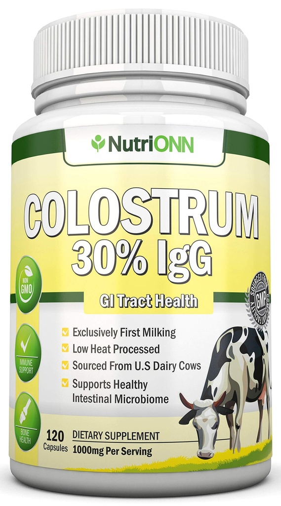 Kolostrum - 1000 mg - 120 kapsul - 30% IgG - ne-GMO US Mlekarna - prvi molzni goveji kolostrum - nizkotoplotna procesirana - odlična za zdravje GI Tract - Imunska podpora - zdravje kosti in mišic